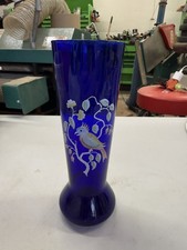 Cobalt Blue Hand-Blown Art Glass Trumpet Vase with Ruffled Fluted Rim and Clear Applied Foot