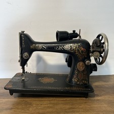 Antique Singer Electric Sewing Machine Head with Red Eye Decals, on Wood Base, listing 5