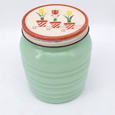 Vintage Jadeite Green Milk Glass Ribbed Jar / Vase with Threaded Neck