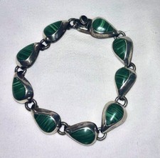 Mexican Sterling Silver Necklace with Bezel-Set Malachite Diamond Links and Triangular Pendant, 22" Long — listing 2
