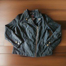 Vintage Women's Green Suede Leather Moto-Style Zip Jacket with Mandarin Collar