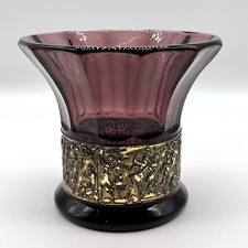 Amethyst Purple Footed Glass Vase with Raised Gold Enamel Decoration