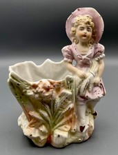 Porcelain figural spill vase with seated boy and rabbits, blue and white with hand-painted floral accents — listing 6