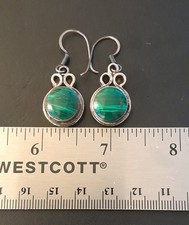 Sterling Silver 925 Modernist Paisley Drop Earrings with Malachite Cabochons