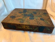 Antique Pyrography Six-Sided Wooden Box with Lid, Carved 17th-Century Cavalier Portrait, 7.5 in. High
