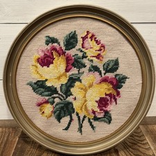 Vintage Hand-Embroidered Floral Still Life on Black Fabric, Framed Under Glass — listing 3