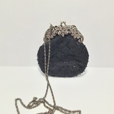 Jessica McClintock Black Beaded Evening Bag with Ornate Silver-Tone Frame and Chain — listing 3