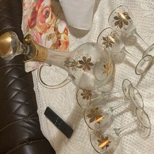Vintage Gold Floral Band Cordial/Sherry Glasses with Decanter Set — listing 3