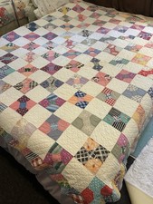 Handmade Patchwork Quilt, Botanical Green/Blue/Yellow Block Design with Stipple Machine Quilting — listing 4