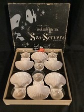 Vintage 1950s Cocktail Sea Servers Set — Pink Lustre Shell Dishes with Glass Cocktail Inserts, Original Boxes — listing 5