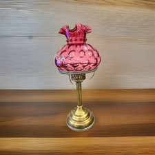 Vintage Cranberry Glass Two-Tier Table Lamp with Diamond-Quilted Shade and Ornate Brass Base — listing 3