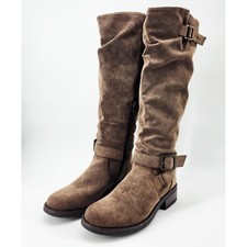 Carlos by Carlos Santana Gray Distressed Leather Buckle Mid-Calf Moto Boots