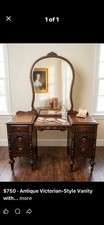 Antique 1920s-1930s Depression-Era Walnut Vanity Dressing Table with Trifold Etched Mirror — listing 2