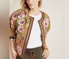 Cotton Silk Heavily Embroidered Floral Bomber Jacket, Women's XL — listing 6