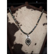 1980s Turquoise-Colored Stone Pendant Necklace with Heishi Beads on Gold-Tone Chain — listing 6