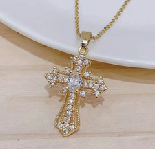 Gold-Tone Rhinestone Pendant Necklace with Faceted Red Diamond-Shaped Stone — listing 4