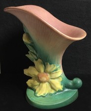 Roseville Pottery Peony Pattern Cornucopia Vase, Yellow/Green — listing 5