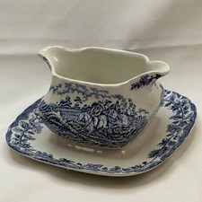 White Ceramic Gravy Boat with Attached Underplate, Scrolled Handle