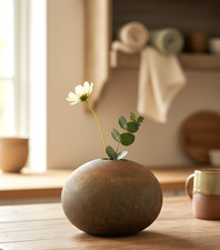Studio Art Pottery Bud Vase with Textured Carved Surface and Ruffled Rim — listing 6
