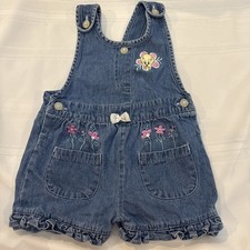 Baby Girls Denim Shortalls with Snowflake Embroidered Straps, Frayed Hem, listing 6