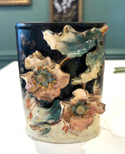 Antique French Barbotine Majolica Twin-Handled Vase with Applied Roses and Lilacs — listing 2