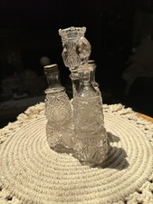 Antique Victorian EAPG Pressed Glass Castor Set Bottles - Cruet, Salt & Pepper Shakers, and Mustard Pot with Pewter Lids (4 pieces plus stopper) — listing 3