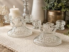 Vintage Elegant Glass Two-Light Double Candelabra with Scrolled Arms and Plume Center Finial — listing 4
