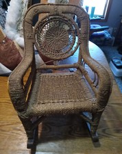 Antique Child's White Wicker Rocking Chair with Solid Wood Seat — listing 5