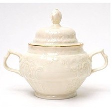 Ivory Porcelain Covered Sugar Bowl with Embossed Pink Orchid and Gold Trim — listing 6