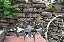 Mid-Century Brutalist Wrought Iron Chandelier with Thick Textured Glass Puck Bobeches, Multi-Tier — listing 6