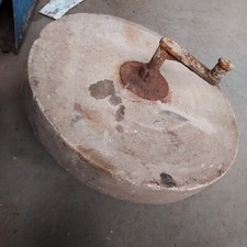 Antique Carved Stone Grinding Millstone / Quern Wheel on Custom Iron Display Stand — listing 3