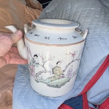 Vintage Porcelain Teapot with Bonneted Children Relief and Pink Bow Cameo