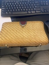 Vintage 1960s Black Wicker Box Purse with Faux Pearl & Brass Studs, Leather Trim, Made in Hong Kong — listing 4