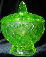 Green Uranium Glass Covered Powder Jar / Dresser Dish with Depression-Era Embossed Pattern — listing 6