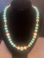 Vintage Carved Turquoise-Blue Beaded Statement Necklace with Black Faceted Glass Spacers — listing 5