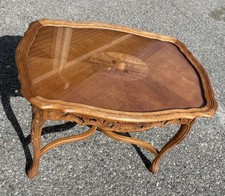 French Louis XV Style Carved Walnut Occasional Side Table with Cabriole Legs and Turned Finial Stretcher — listing 4