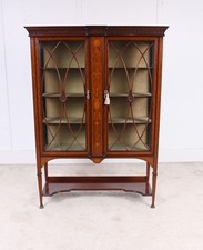 Edwardian mahogany cabinet Edwardian Mahogany Inlaid Display Cabinet with Arched Bonnet Top & Oval Mirror Door — listing 4