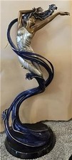 Limited Edition Bronze Sculpture of Embracing Nude Couple with Flowing Hair on Marble Base