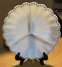 Fire King Milk Glass Three-Part Divided Relish Dish with Gold Beaded Rim — listing 6