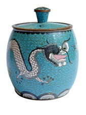 Chinese Cloisonné Enamel Covered Bowl with Floral Finial and Figural Panels — listing 6