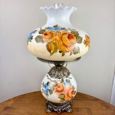 Vintage Hurricane / Gone With The Wind Style Electric Table Lamp with Hand-Painted Floral Milk Glass Shade — listing 2