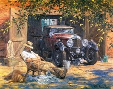 Vintage Paint-by-Number Painting of Antique Green Roadster Automobile on Board, Unframed — listing 4