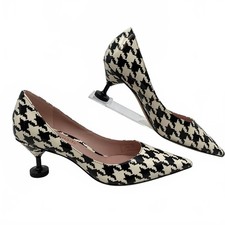 Houndstooth Pointed-Toe D'Orsay Pumps with Elastic Cross-Strap — listing 2