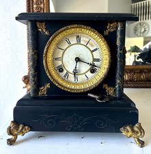 Antique Victorian Black Enameled Iron Mantel Clock with Ram's Head Ornaments and Copper Dial — listing 5