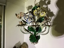 Italian Gilt Tole Toleware Chandelier with White Porcelain Roses, 3-Light — listing 2