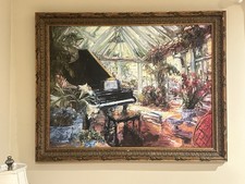 Impressionist Oil Painting of Grand Piano in Sunlit Interior, Gold Framed — listing 2