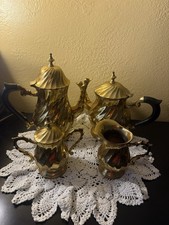 Vintage Brass Coffee/Tea Service Pieces with Floral Finials and Footed Bases (Made in India) — listing 5