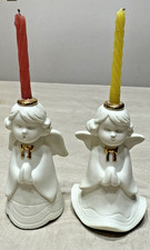 Vintage Bisque Porcelain Angel Girl Candle Holder Figurine with Star Cutouts and Gold Halo — listing 4