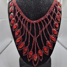 Vintage Antiqued Gold-Tone Red Rhinestone Bib Statement Necklace — listing 4