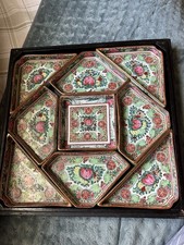 Chinese Famille Rose Porcelain Sweet Meat / Lazy Susan Serving Set in Lacquered Wood Box — listing 6